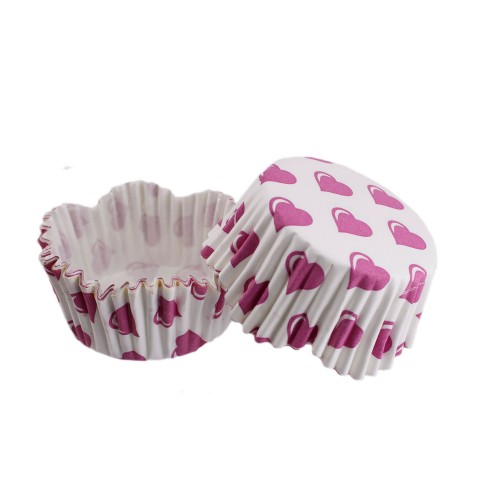 Cupcake Kalıbı Pet Kapsül Dalgalı Kek Kalıbı 65X38 MM - 100 Adet  Beyaza Fuşya Kalpli